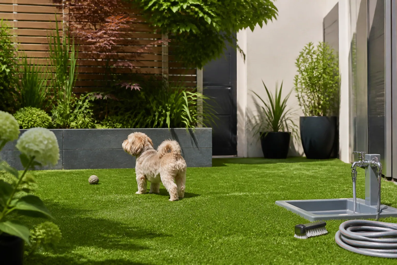Petit chien dans un jardin en gazon synthétique avec point de rinçage