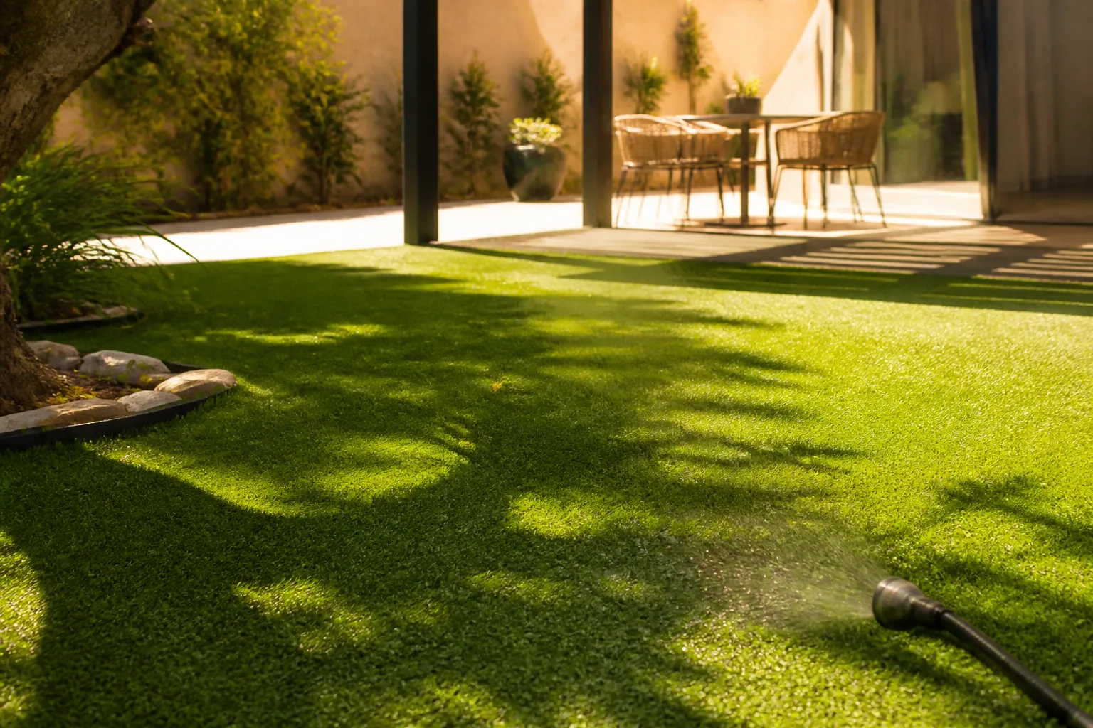 Gazon synthétique exposé au soleil avec ombre partielle et rinçage temporaire