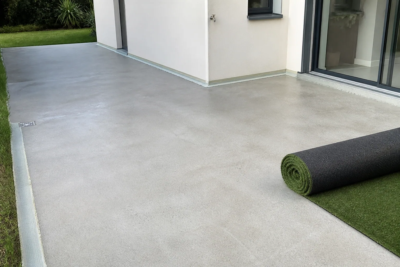 Dalle béton propre avec rouleau de gazon synthétique prêt à poser
