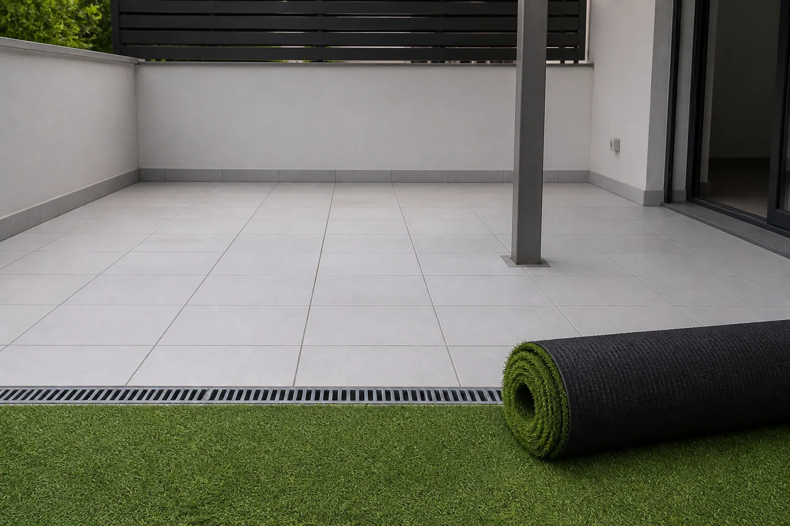 Terrasse carrelée avec évacuation et rouleau de gazon synthétique