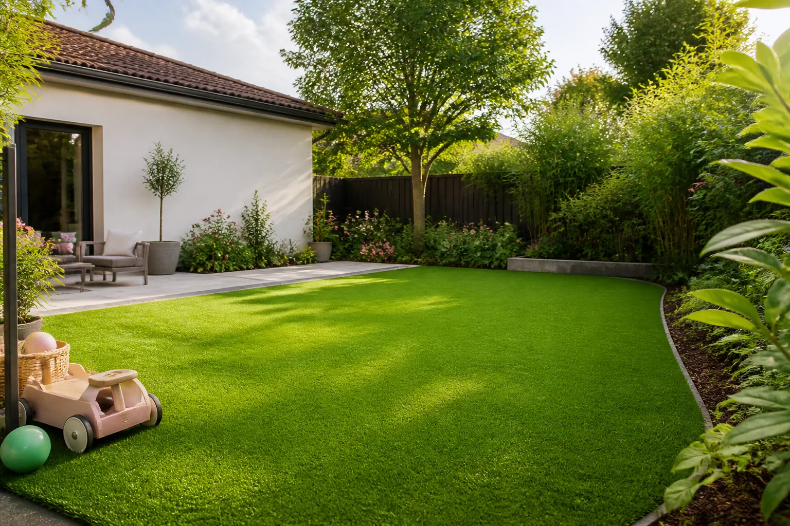 Jardin familial avec gazon synthétique et bordures végétalisées