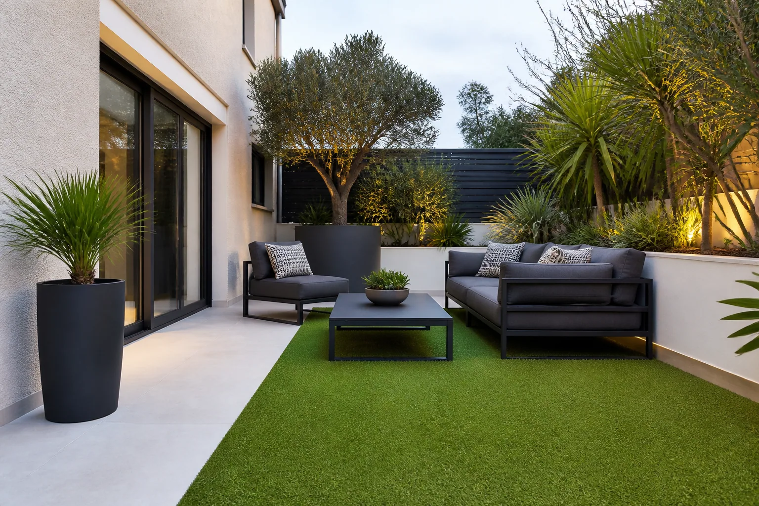 Terrasse aménagée avec une zone en gazon synthétique