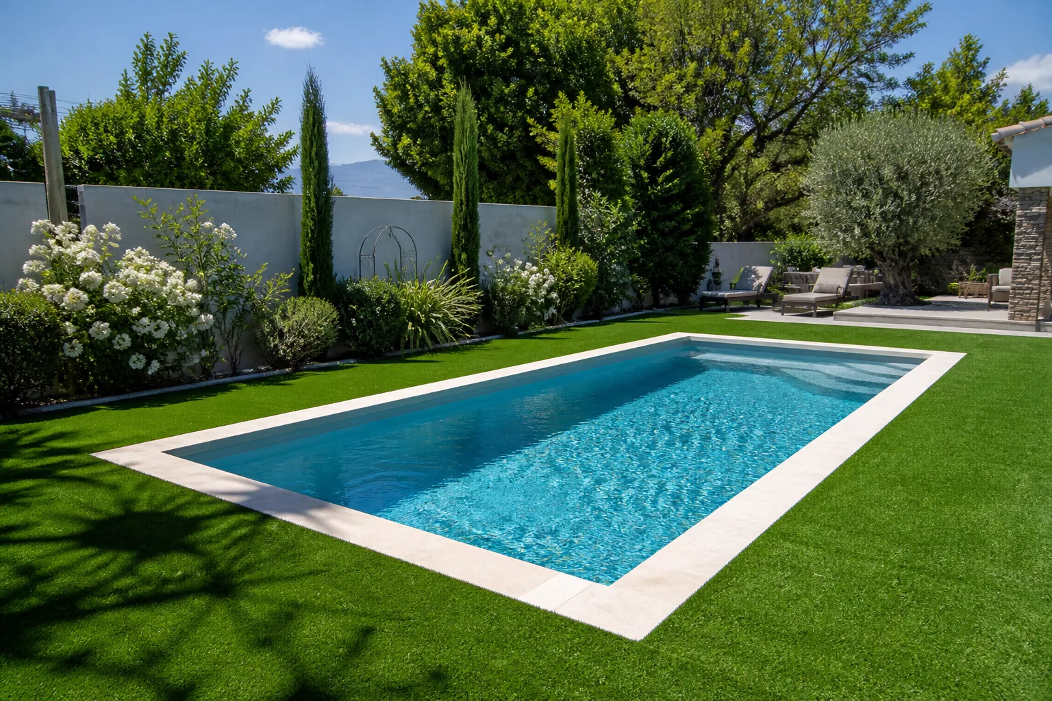 Tour de piscine résidentielle habillé de gazon synthétique